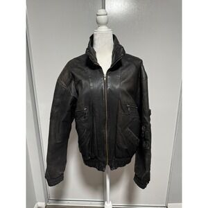 Vintage Weekends Genuine Leather Bomber Jacket Mens Size M Black Zip‎ Up Collar
